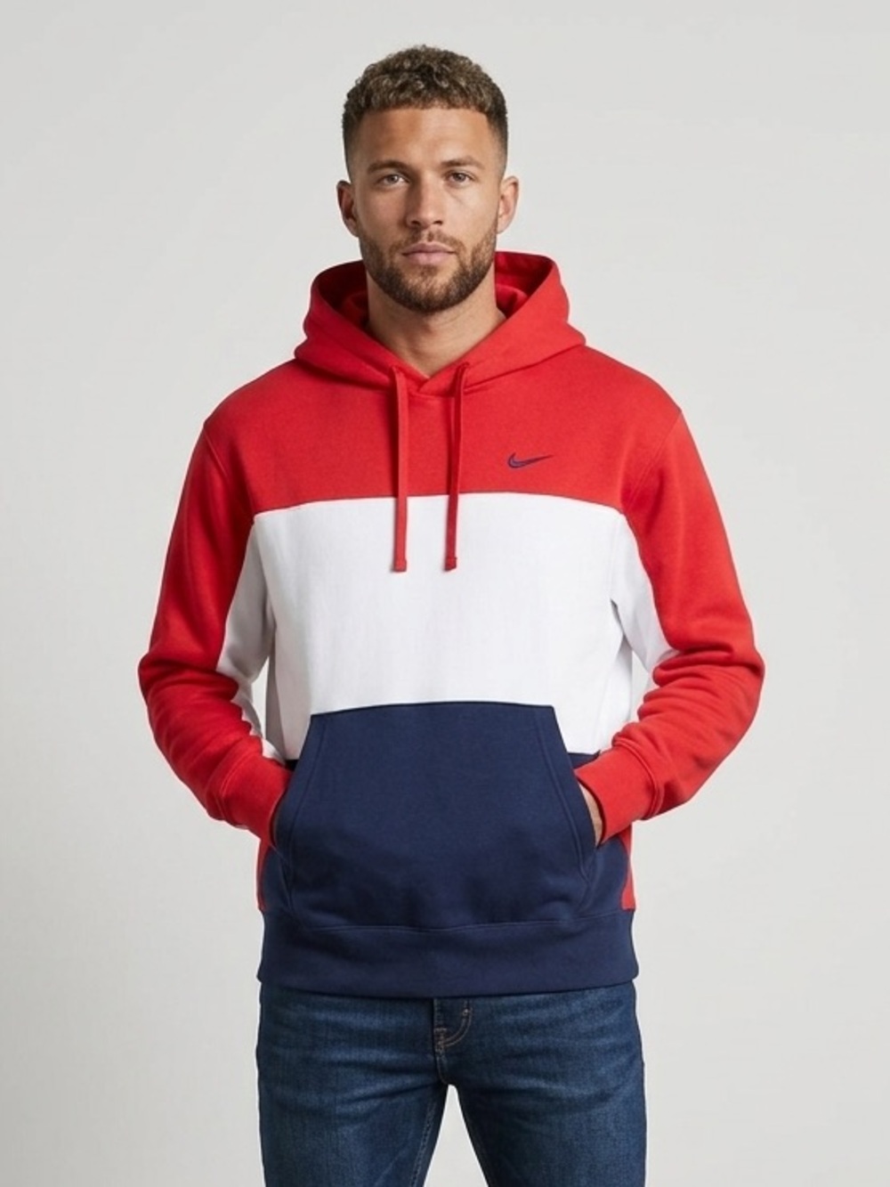 Nike Red White Navy Blue Colorblock Pullover Hoodie Kangaroo Pocket Men’s Medium